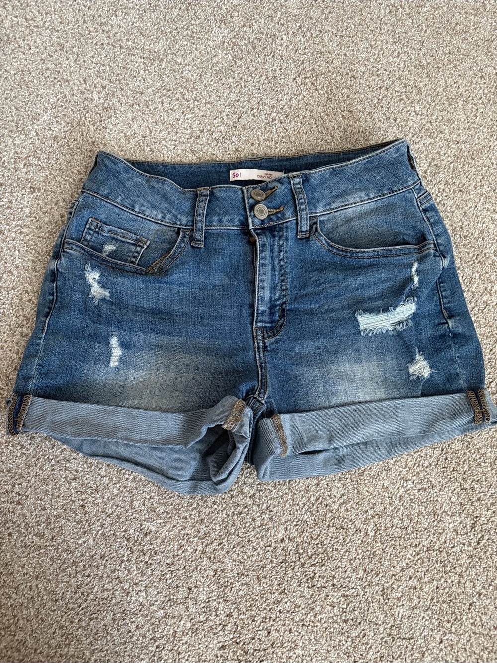 SO Distressed Rolled Hem Denim Shorts - Blue
